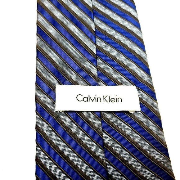 Calvin Klein‎ Silk Tie Print Gray Blue Striped - Picture 3 of 6